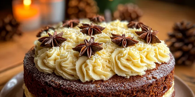 A beautifully baked gingerbread cake topped with smooth cream cheese frosting, garnished with a sprinkle of cinnamon.