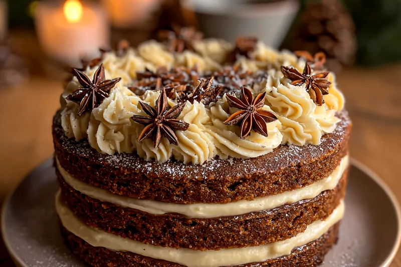 A variety of ingredients laid out for making gingerbread cake, including flour, spices, and cream cheese.