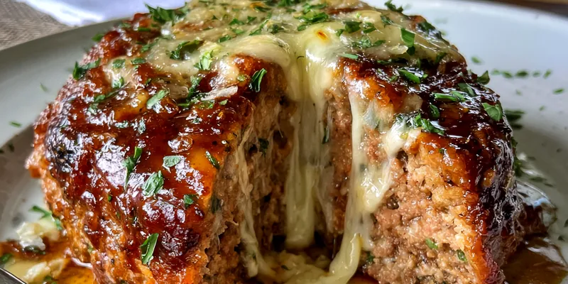 Delicious garlic parmesan meatloaf served on a wooden platter