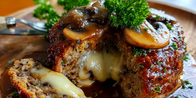Mushroom Swiss Cheese Meatloaf on a plate with herbs