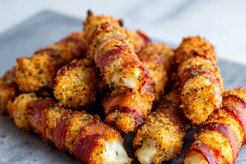 Frying Nashville Hot Bacon Wrapped Mozzarella Sticks in hot oil