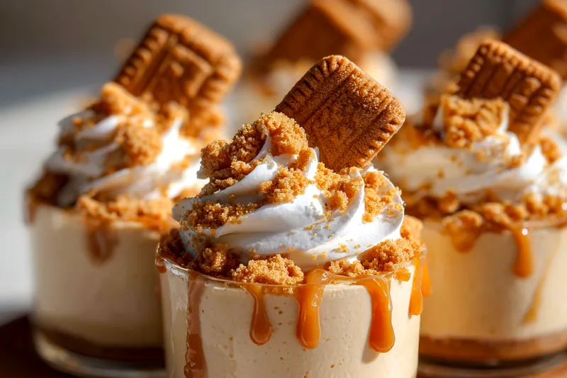 A step-by-step photo collage of making Biscoff Delight Cups, showing mixing, layering, and garnishing processes.