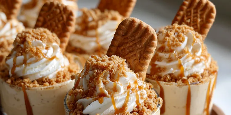 A close-up photo of Biscoff Delight Cups showcasing the creamy layers and toppings