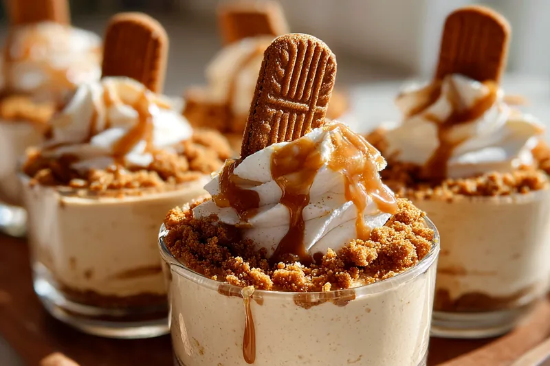 A colorful arrangement of ingredients for Biscoff Delight Cups including Biscoff spread and whipped cream