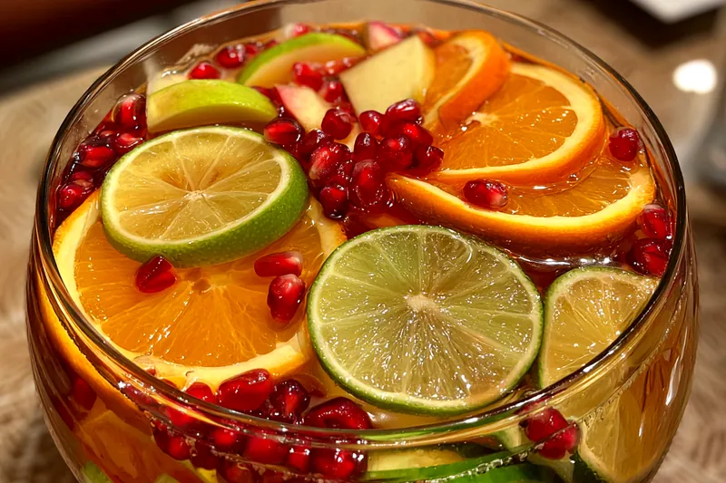A vibrant pitcher of Festive Non-Alcoholic Sangria being poured into glasses.