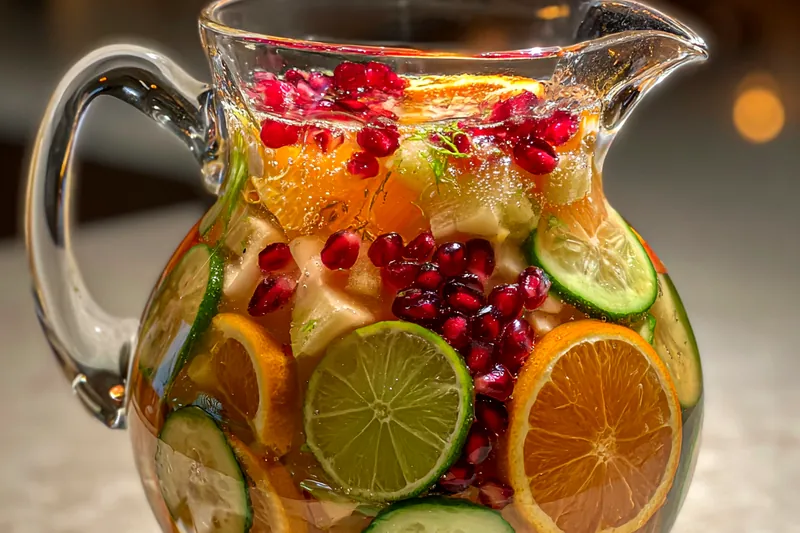 Ingredients for Festive Non-Alcoholic Sangria arranged beautifully on a table.