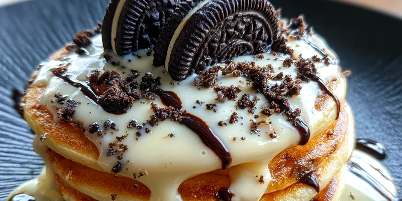 Delicious Oreo Cream Cheese Pancakes served on a plate