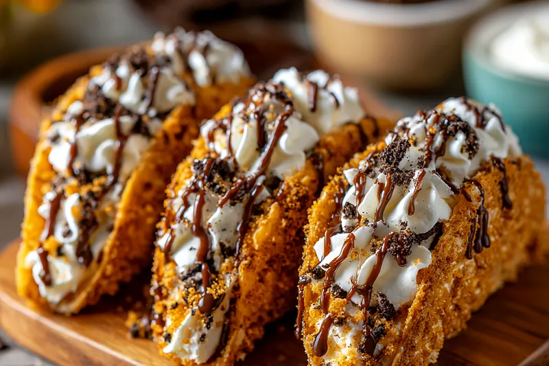 Chef Mitchell carefully assembling the Delicious Oreo Cheesecake Tacos, showcasing the filling and toppings.