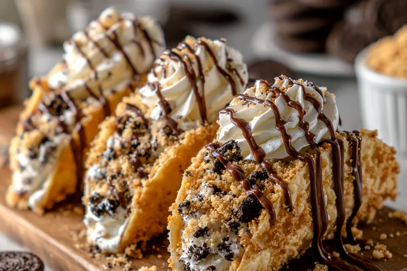 A variety of ingredients for Delicious Oreo Cheesecake Tacos, including cream cheese, Oreos, and taco shells laid out on a countertop.