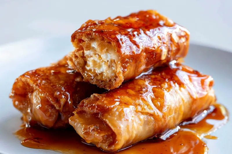 Cooking process of oven fried feta rolls being prepared