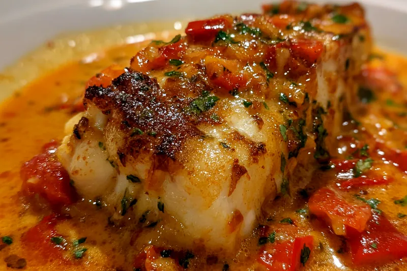Sea bass fillet searing in a hot skillet with golden-brown crust forming, being pressed with a spatula