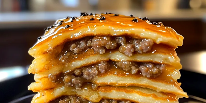 A golden-brown Savory Pancake and Sausage Bake fresh from the oven, garnished with green onions, served in a white ceramic dish.