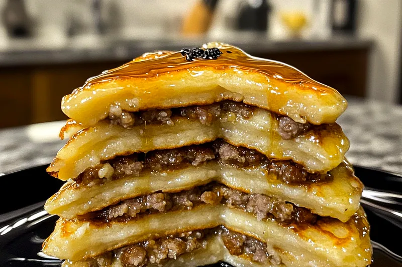 Ingredients for Savory Pancake and Sausage Bake displayed on a wooden kitchen table.