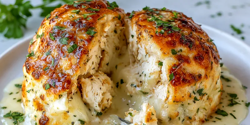 Deliciously golden Parmesan Cloud Chicken Bombs on a platter