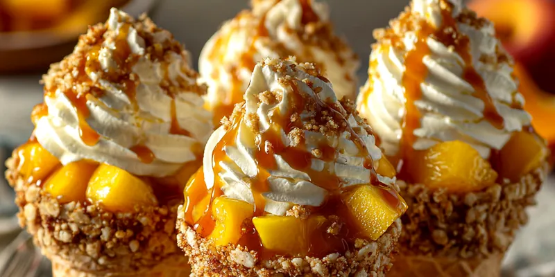 Delicious Peach Cobbler Cheesecake Cones served on a plate