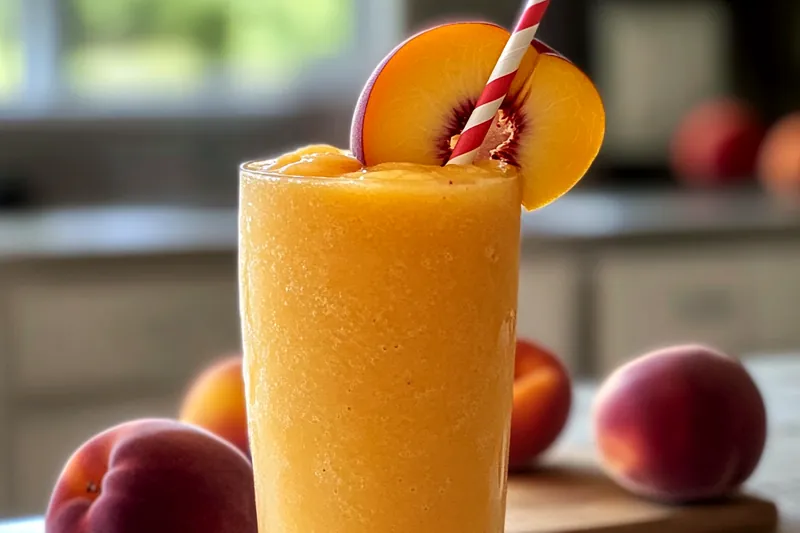 Blending peaches with ice for a smooth, slushy consistency in Homemade Peach Slurpees.