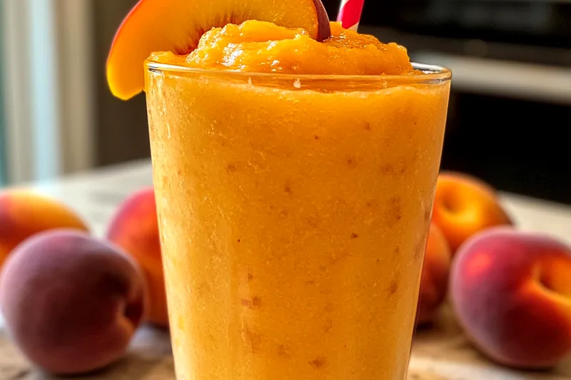 Fresh peaches, ice, and other ingredients for Homemade Peach Slurpees arranged beautifully.