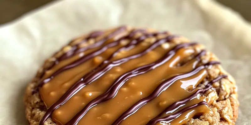 A plate of freshly baked Decadent Peanut Butter Caramel Cookies with gooey caramel drizzling down the sides.