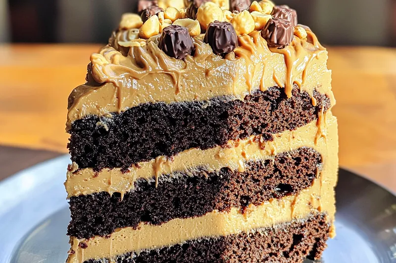 The baking process of Decadent Peanut Butter Chocolate Cake in the oven, showcasing a perfectly rising cake.