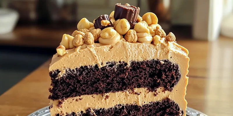 A beautifully layered Decadent Peanut Butter Chocolate Cake topped with chocolate frosting and peanut butter drizzle.
