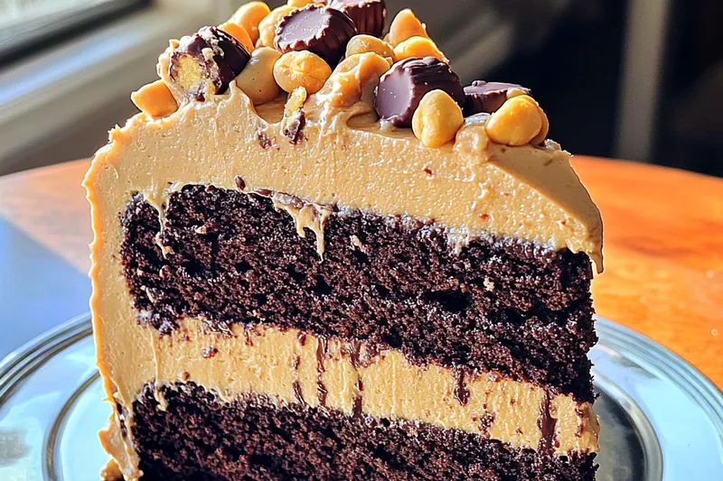 A selection of high-quality ingredients for Decadent Peanut Butter Chocolate Cake including flour, cocoa, and peanut butter.