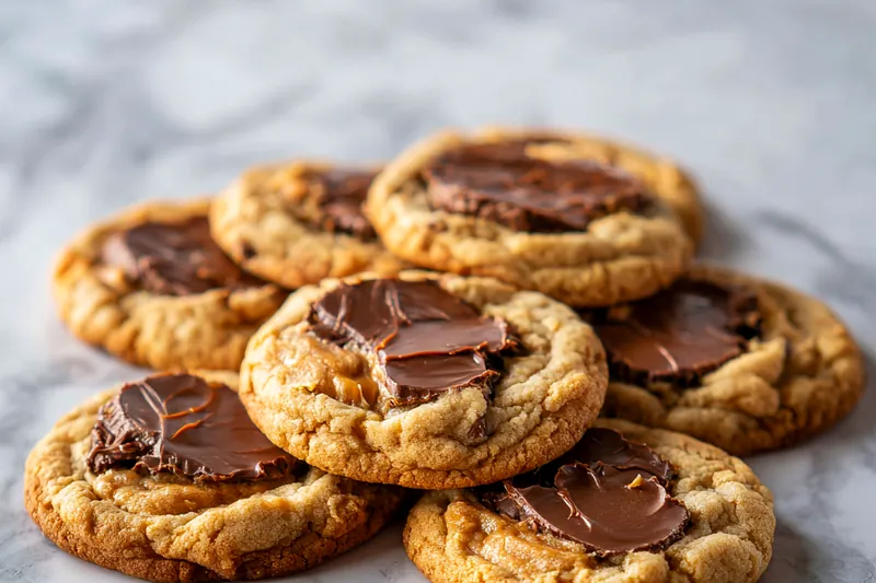Ingredients for peanut butter cup cookies including peanut butter, sugar, and chocolate