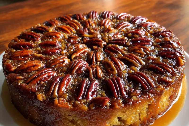 A step-by-step collage of the baking process for Pecan Delight Cake, showing the mixing, baking, and frosting stages.