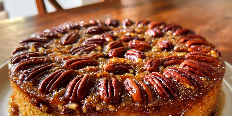 A beautifully decorated Pecan Delight Cake garnished with pecans and creamy frosting.