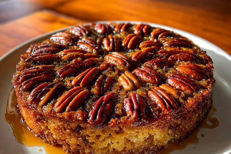 An array of high-quality ingredients laid out, including flour, sugar, and pecans for Pecan Delight Cake.
