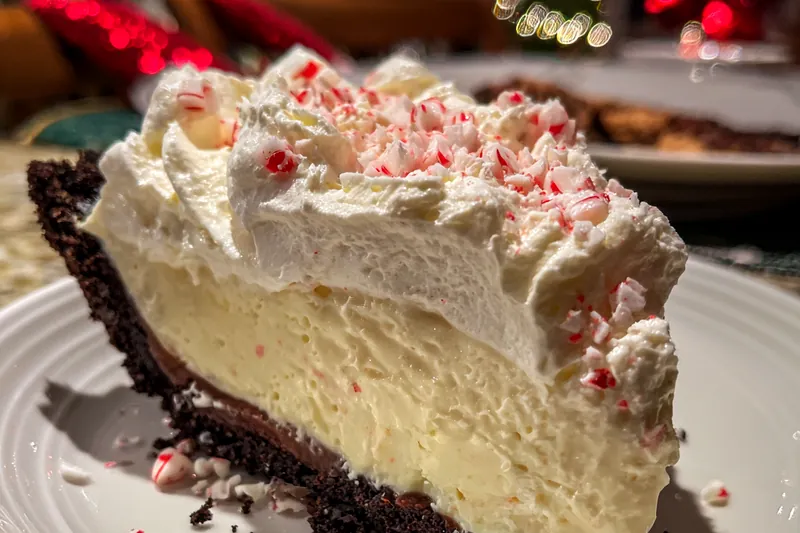 Step-by-step process of making Peppermint Chocolate Slice, showing layering and final assembly.