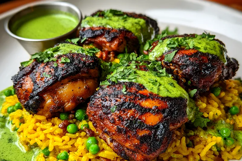 The cooking process of Grilled Peruvian Chicken with Rice, showcasing chicken on the grill and rice simmering on the stovetop.