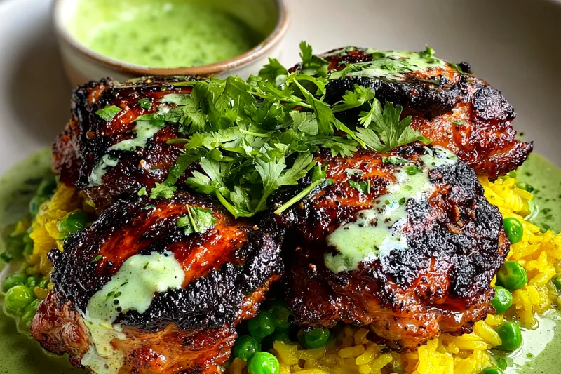 A colorful array of ingredients laid out for Grilled Peruvian Chicken with Rice, including spices, chicken, and rice.
