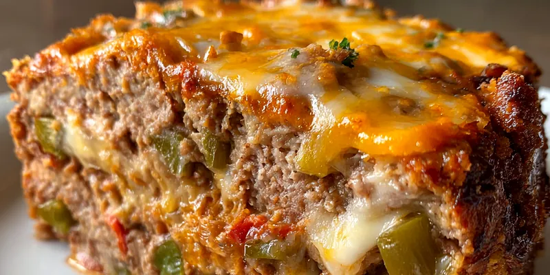 A beautifully plated Cheesy Philly Meatloaf Delight served with mashed potatoes and green beans.