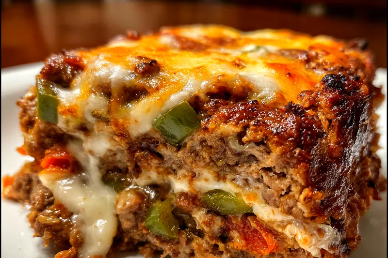 A variety of fresh ingredients for Cheesy Philly Meatloaf Delight displayed on a wooden table.