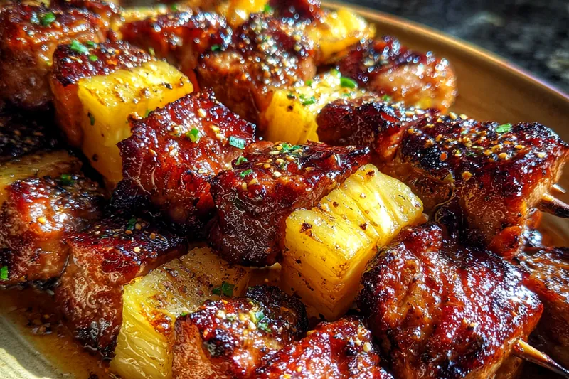 Chef grilling Sweet and Savory Pork Skewers on an outdoor grill, showcasing the cooking process.
