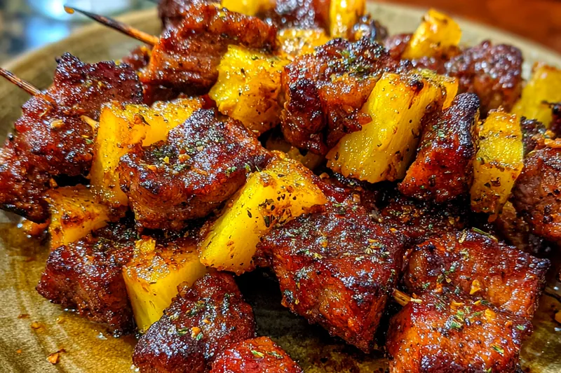 Fresh ingredients arranged for Sweet and Savory Pork Skewers, including pork, vegetables, and marinade.