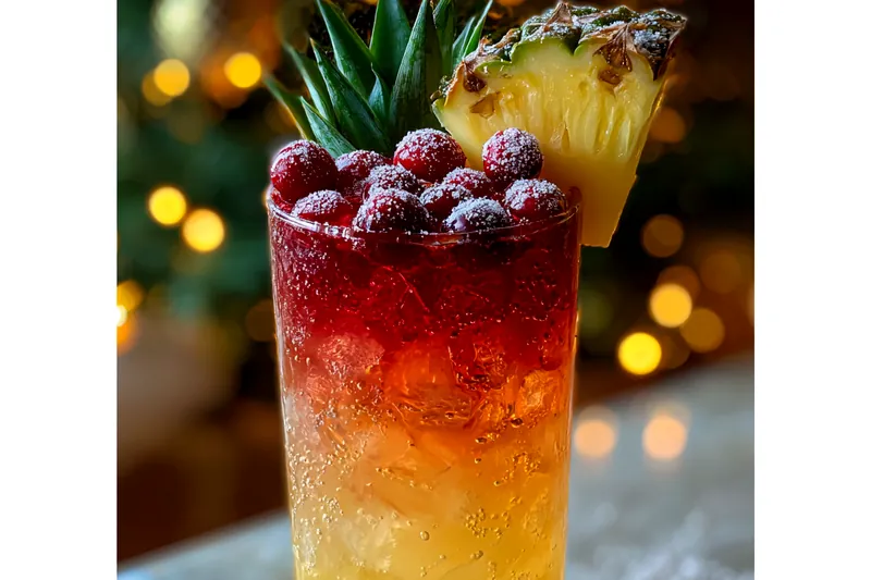 A beautifully presented glass of Festive Pineapple Cranberry Fizz with garnishes on a festive table.