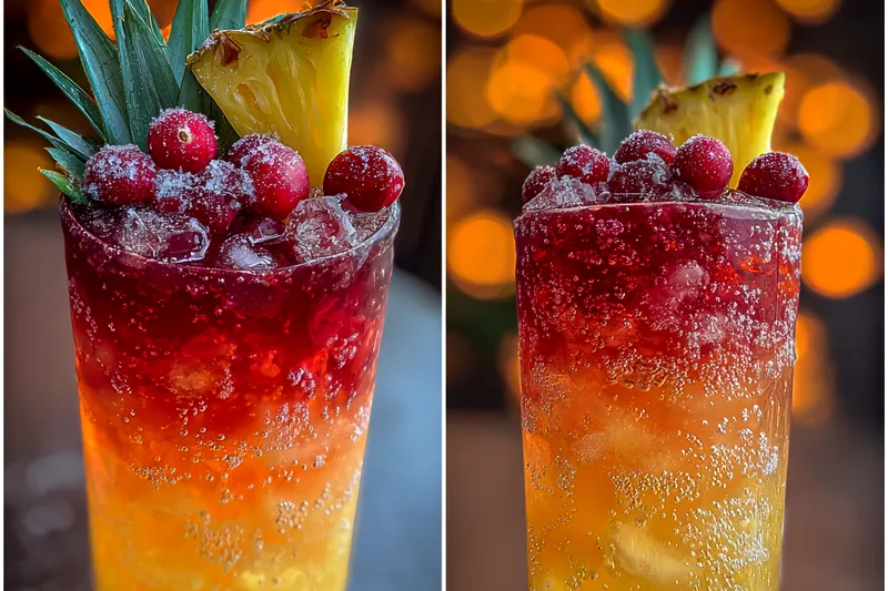 An array of fresh ingredients for Festive Pineapple Cranberry Fizz, including cranberries, lime, and pineapple juice.