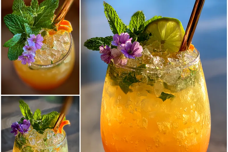 A colorful pitcher filled with Tropical Pineapple Mango Punch, garnished with fresh fruit.