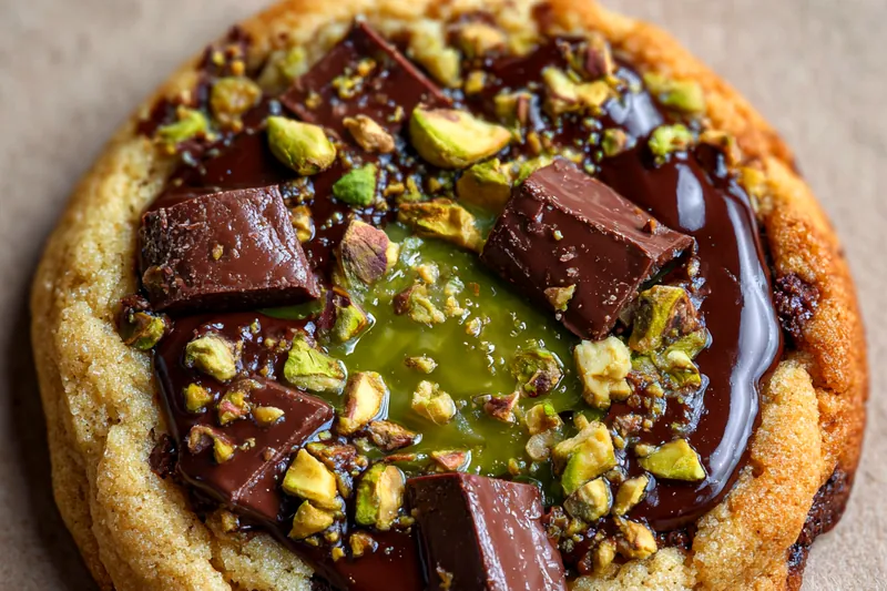 Chef Mitchell stirring the creamy pistachio mixture in a saucepan over low heat, ensuring a smooth texture.