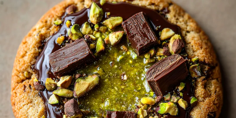 A beautifully plated Gourmet Pistachio Delight with drizzled chocolate sauce and garnished with fresh mint and pistachios.