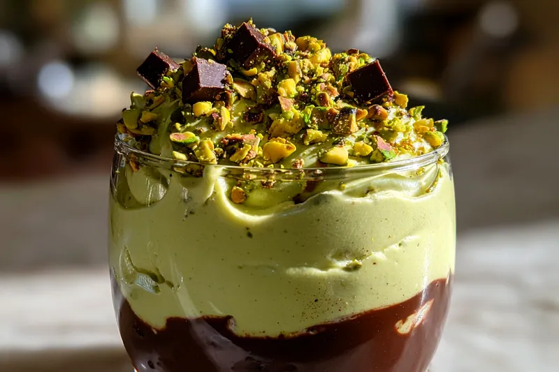 The process of cooking the pistachio mousse over a double boiler, ensuring even heating.