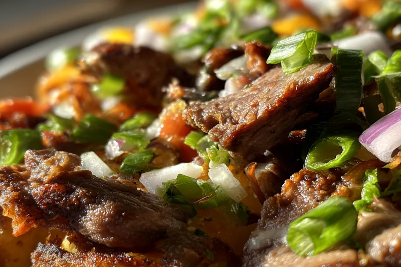 Ingredients for Philly Cheesesteak Bowl including steak, cheese, and vegetables.