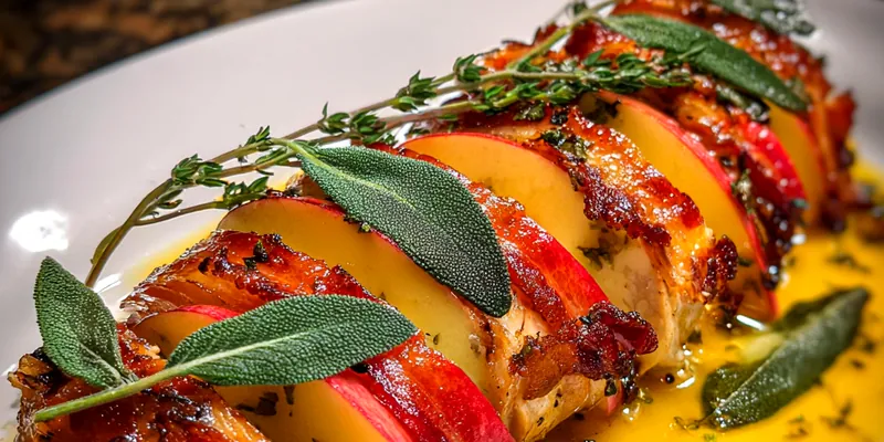 A beautifully plated Sage Butter Chicken Delight garnished with fresh parsley and served with rice.
