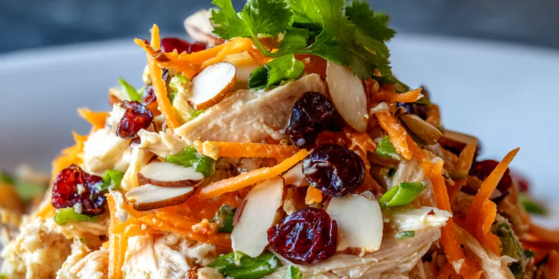 A colorful Quick Asian Chicken Salad presented in a large bowl, featuring vibrant greens, shredded carrots, and sliced chicken.