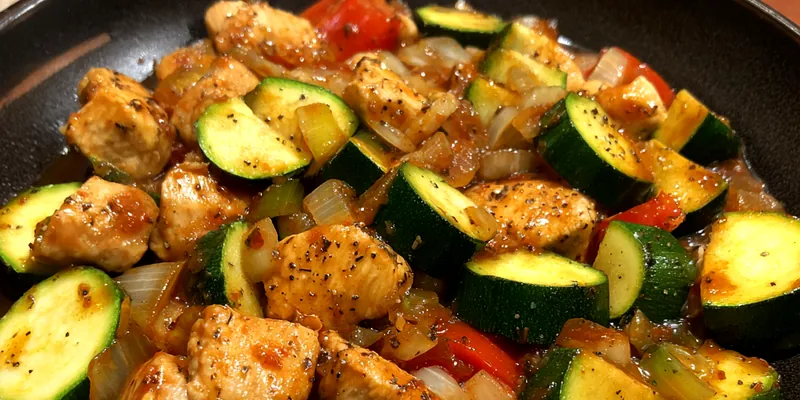 A vibrant plate of Quick Chicken Zucchini Stir-Fry showcasing colorful vegetables and tender chicken pieces.