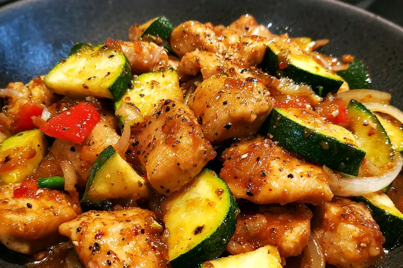 An assortment of fresh ingredients including chicken, zucchini, bell pepper, and seasonings for Quick Chicken Zucchini Stir-Fry.