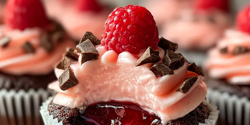 Delicious Raspberry Chocolate Filled Cupcakes served on a plate