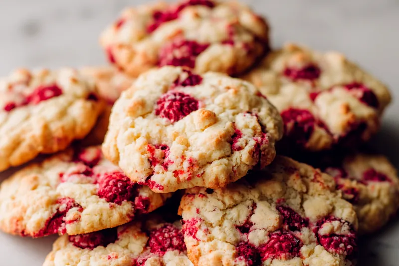 Ingredients for raspberry crumble cookies arranged on a table