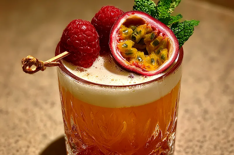 The process of blending raspberries and mixing ingredients for Raspberry Passion Tequila, showcasing vibrant colors.